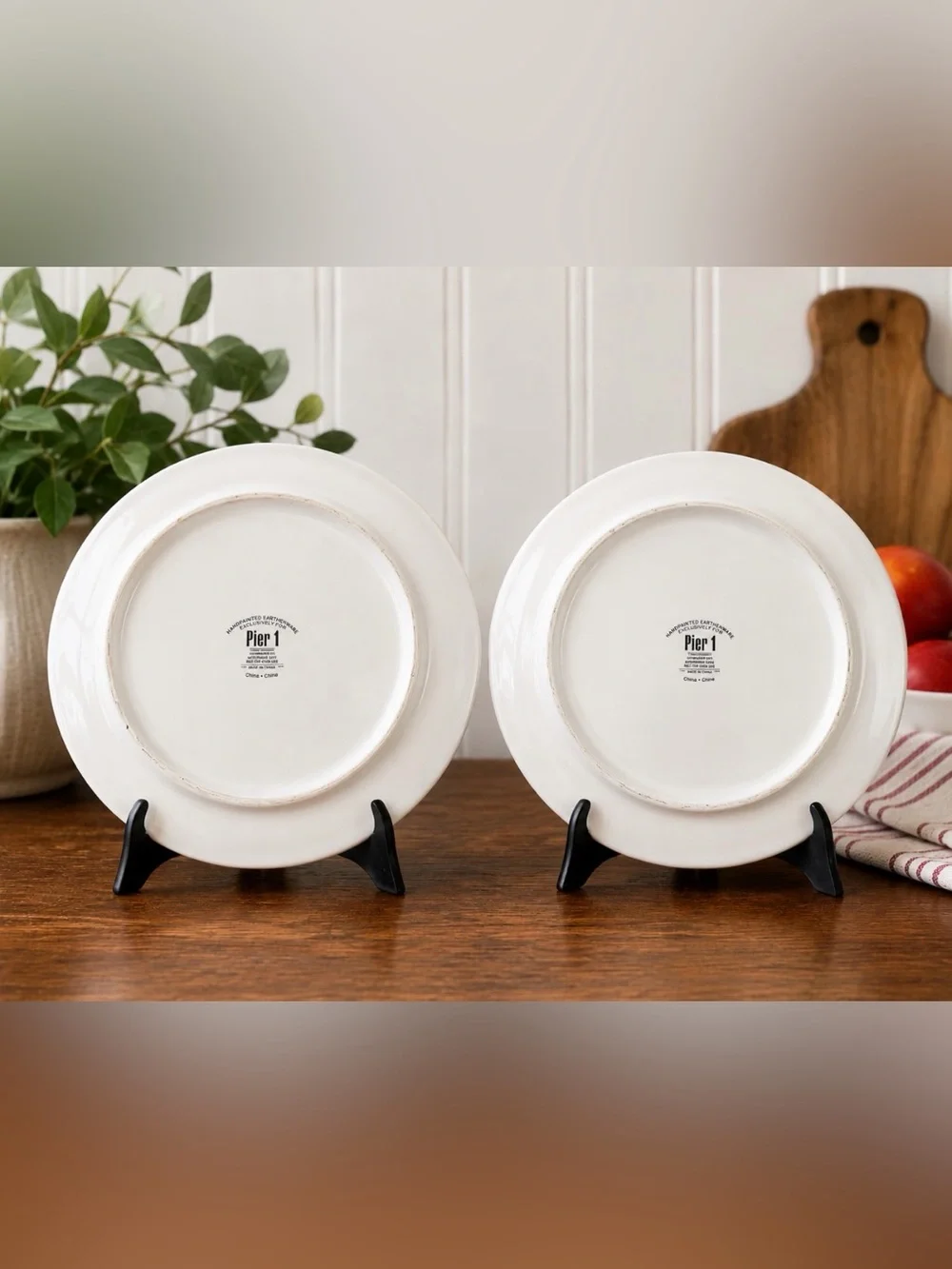 Pier 1 Hand-Painted Fruit Salad Plates Set of 2 – Apples & Raspberries – 8”
